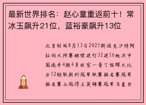 最新世界排名:赵心童重返前十!常冰玉飙升21位,蓝裕豪飙升13位